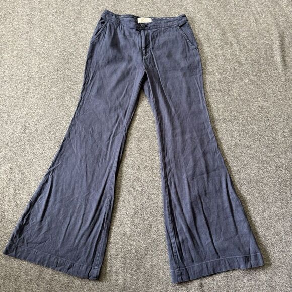 By Anthropologie Linen Blend Flare Leg Pants Women's Size US 8 Solid Navy Blue - Picture 1 of 9